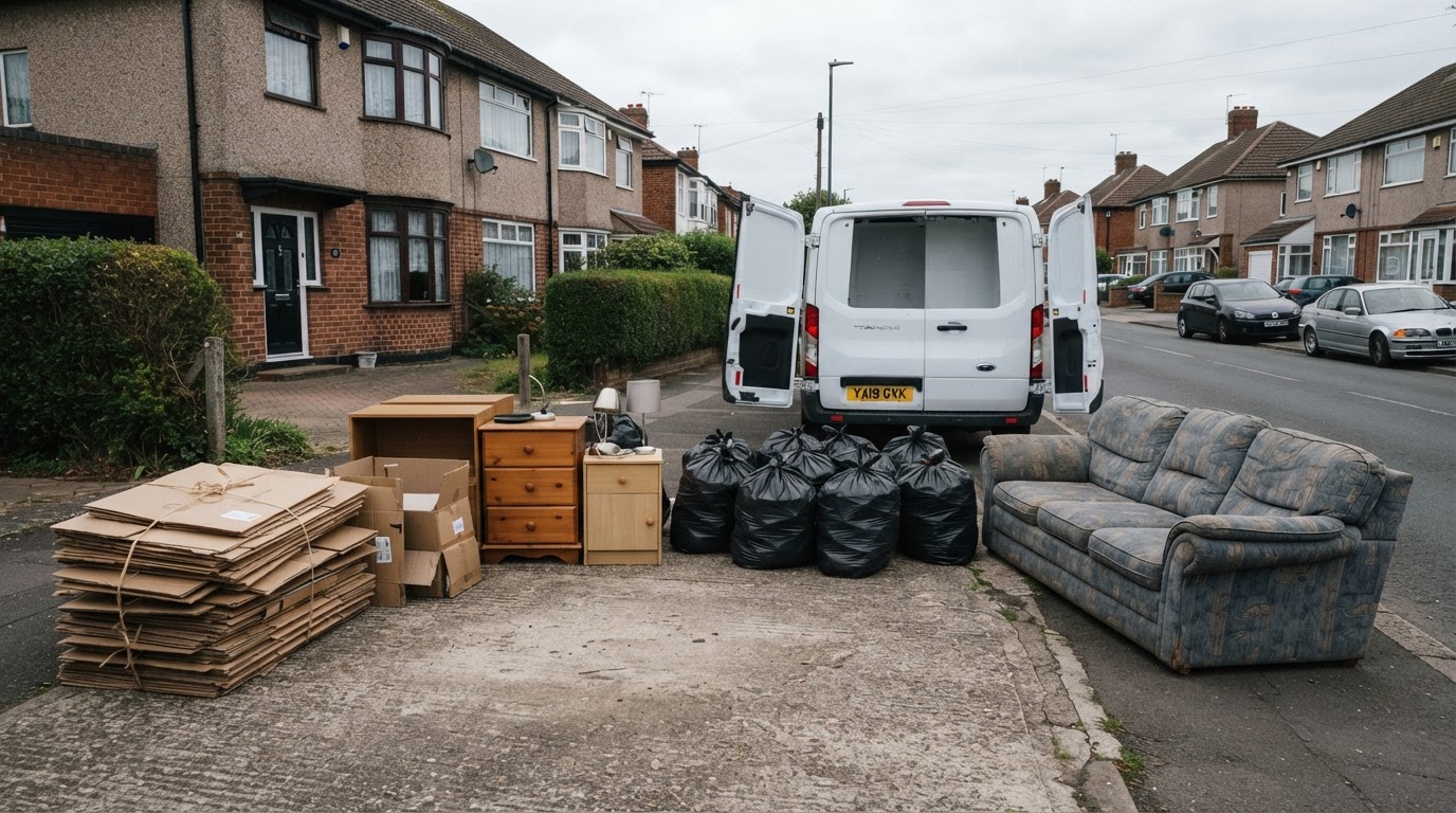 Mixed unwanted household contents sorted into piles on a driveway ready for removal