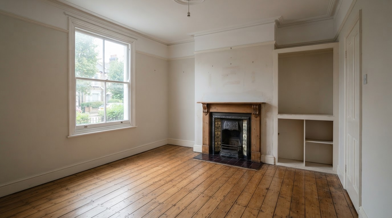 A bright empty living room after a professional house clearance