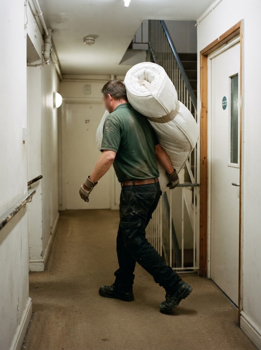 A clearance worker carrying a rolled mattress through a narrow flat hallway