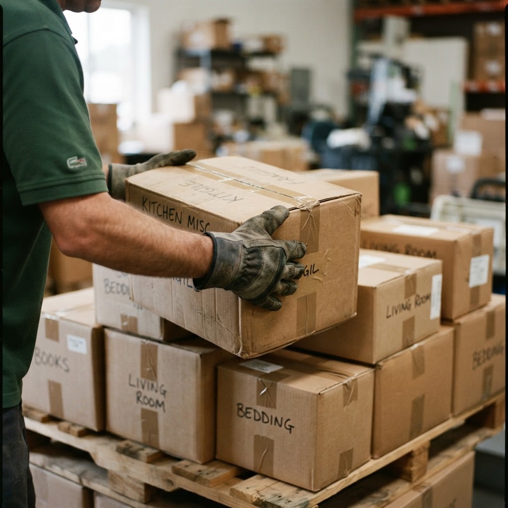 A clearance worker's gloved hands lifting a box from a sorted stack of household boxes