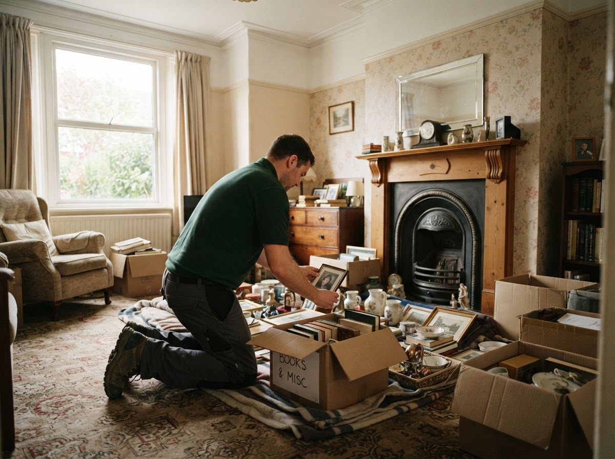 A clearance worker kneeling and carefully sorting household belongings in a traditional living room