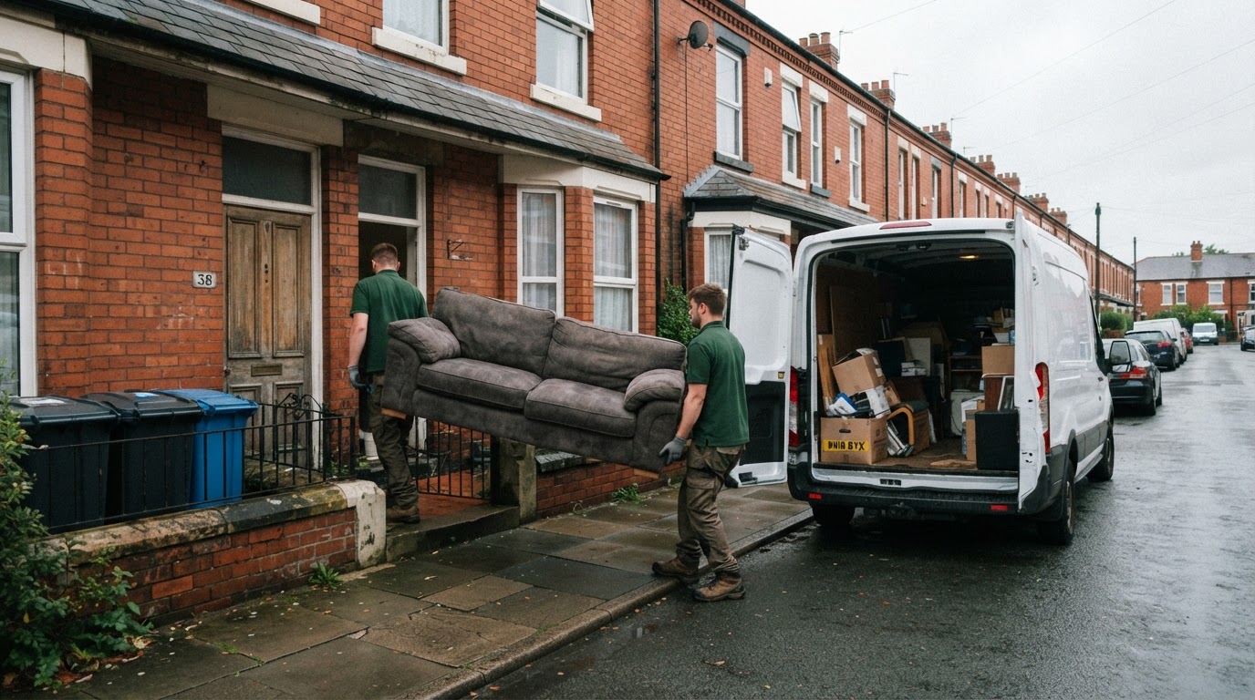 Clearance team carrying a sofa out of a red-brick terraced house with a van parked on the street