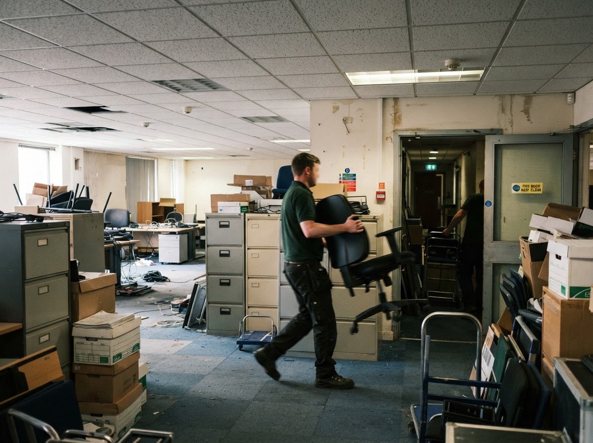 Office furniture stacked for clearance
