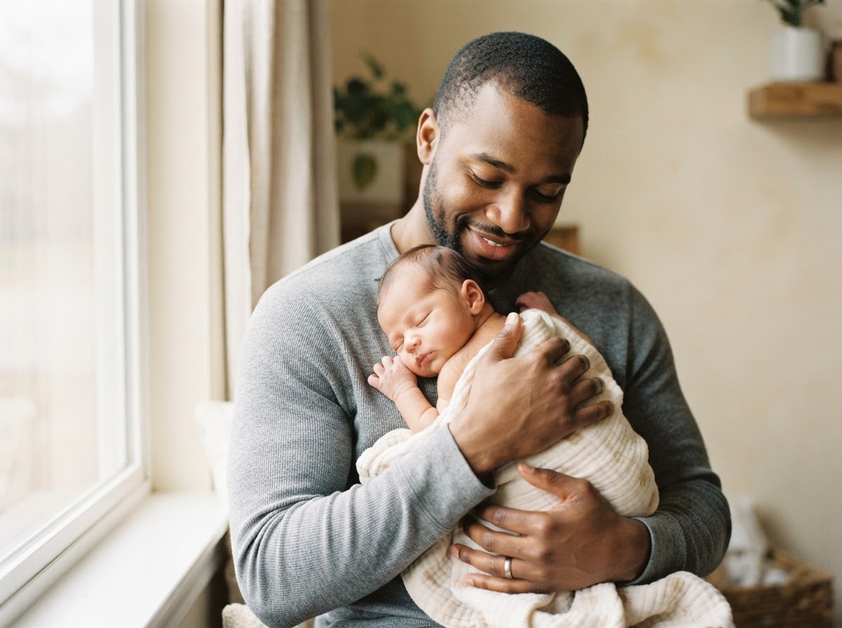 A Black father holding his newborn baby