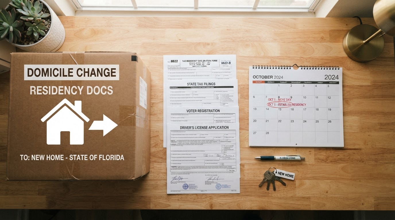 Moving boxes and state residency documents representing owner domicile for trucking company state tax