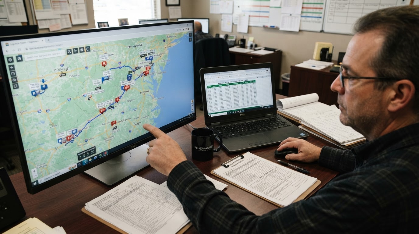 Trucking company owner reviewing state tax filings before moving the company to another state