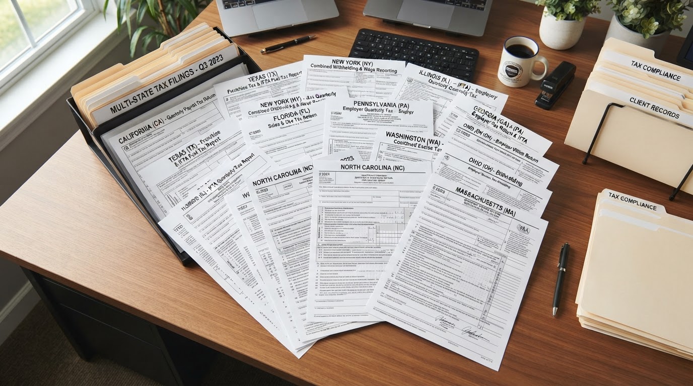 Multi-state tax filing forms including IFTA fuel tax reports for a trucking company