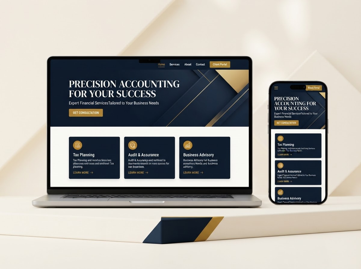 A laptop and phone displaying a professional accounting firm website included with your monthly plan