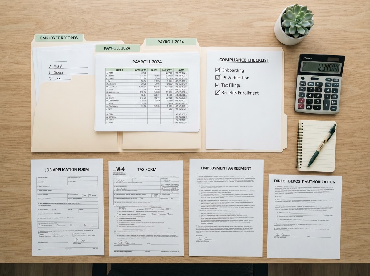 Documente de personal, fișe de salarizare, listă de verificare, dosare și calculator organizate pe un birou, pentru serviciul de interfață cu ITM Smart4you