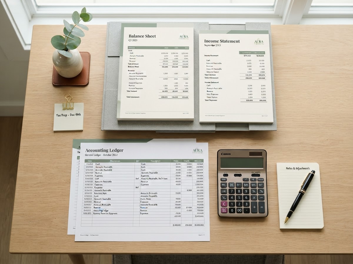 Situații financiare, bilanțuri și un calculator organizate pe un birou, pentru serviciul de bilanțuri Smart4you