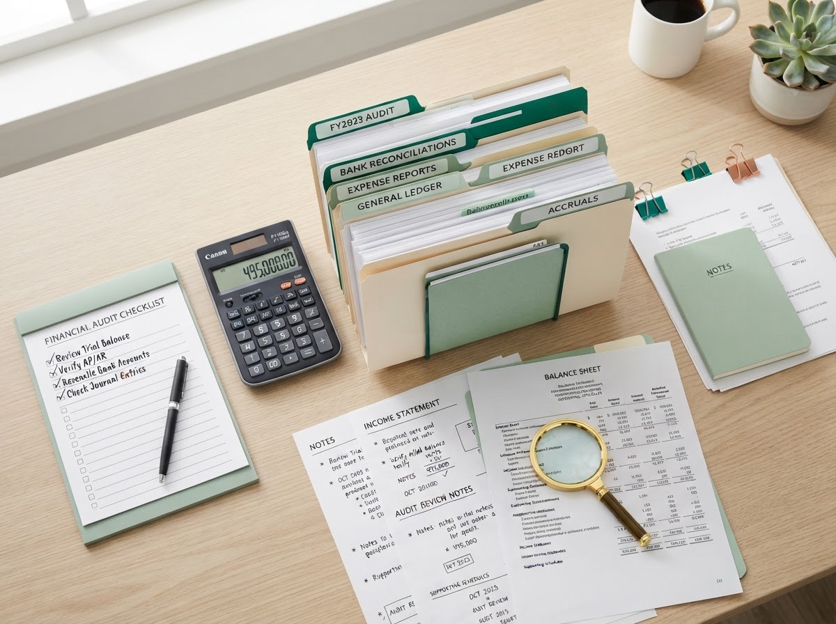 Dosare contabile organizate, listă de verificare, calculator, notițe de revizuire și lupă pe un birou luminos, pentru serviciul de suport pentru audit Smart4you