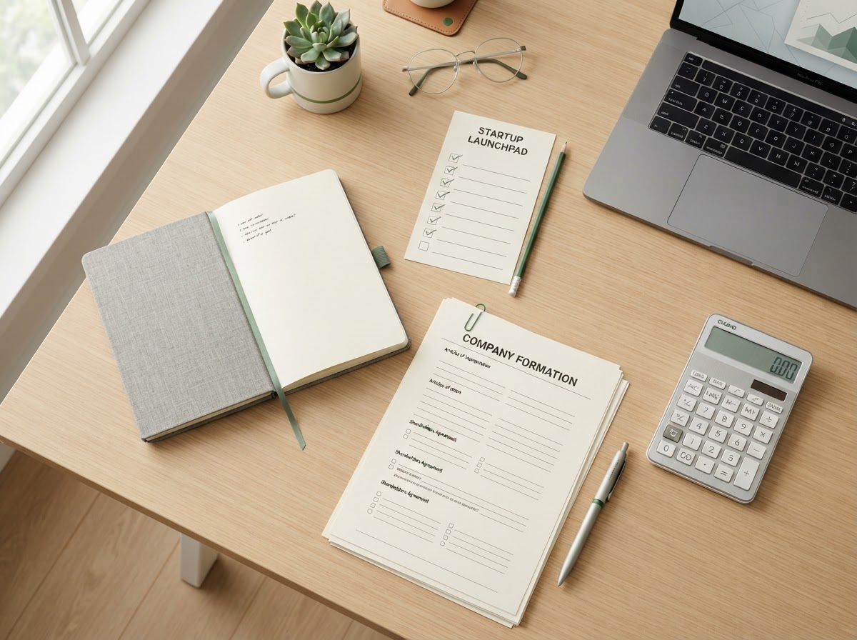 Notițe, listă de verificare, documente de înființare, calculator și un laptop organizate pe un birou, pentru consultanța de începere a afacerii Smart4you