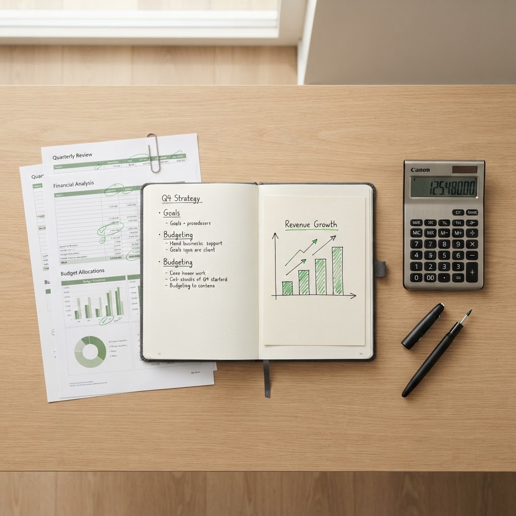 Documente financiare, notițe de planificare, calculator și un grafic simplu pe hârtie organizate pe un birou, pentru consultanța de dezvoltare a afacerii Smart4you