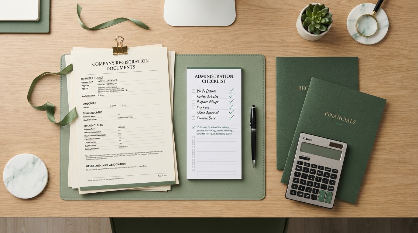 Documente de înființare firmă, listă de verificare, dosare și calculator organizate pe un birou, pentru serviciul de interfață cu Registrul Comerțului Smart4you