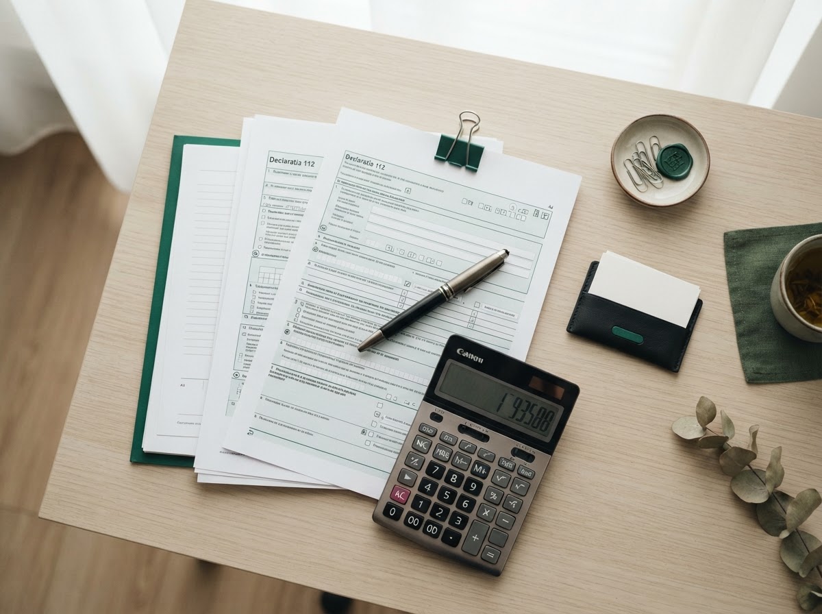 Documente fiscale, formulare și un calculator organizate pe un birou, pentru serviciul de consultanță fiscală Smart4you