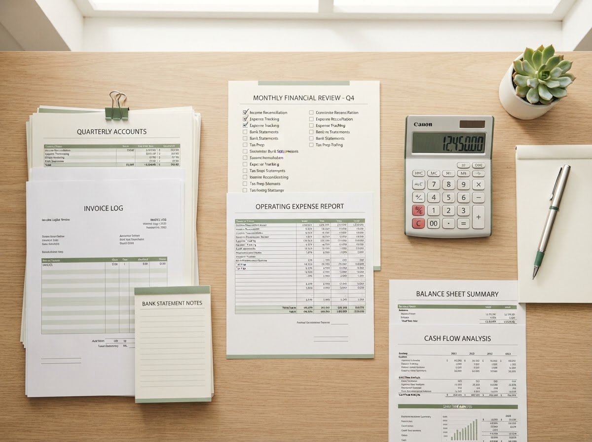 Documente fiscale și contabile, formulare, listă de verificare și calculator organizate pe un birou, pentru serviciul de interfață cu ANAF Smart4you