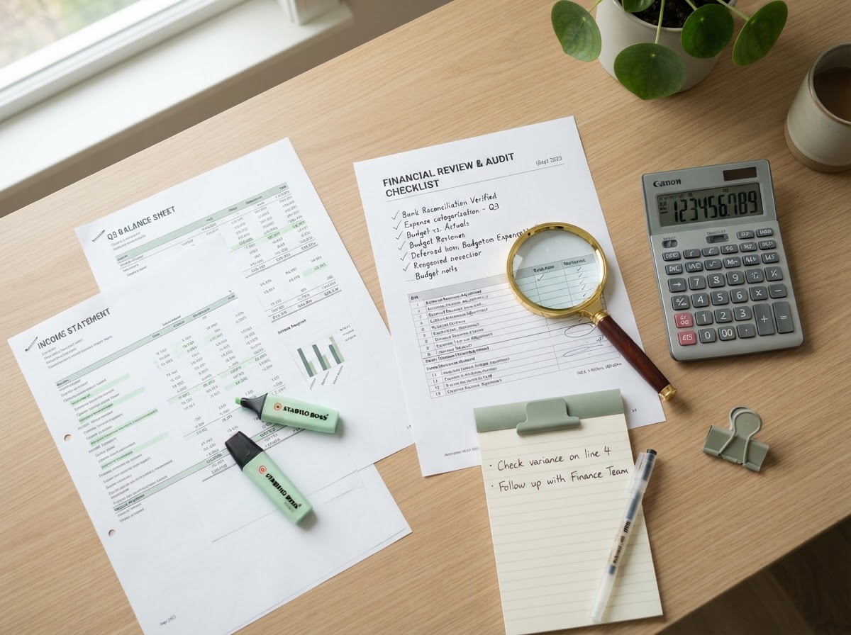 Documente financiare, listă de verificare, calculator, lupă și notițe de revizuire organizate pe un birou, pentru serviciul de expertiză contabilă Smart4you