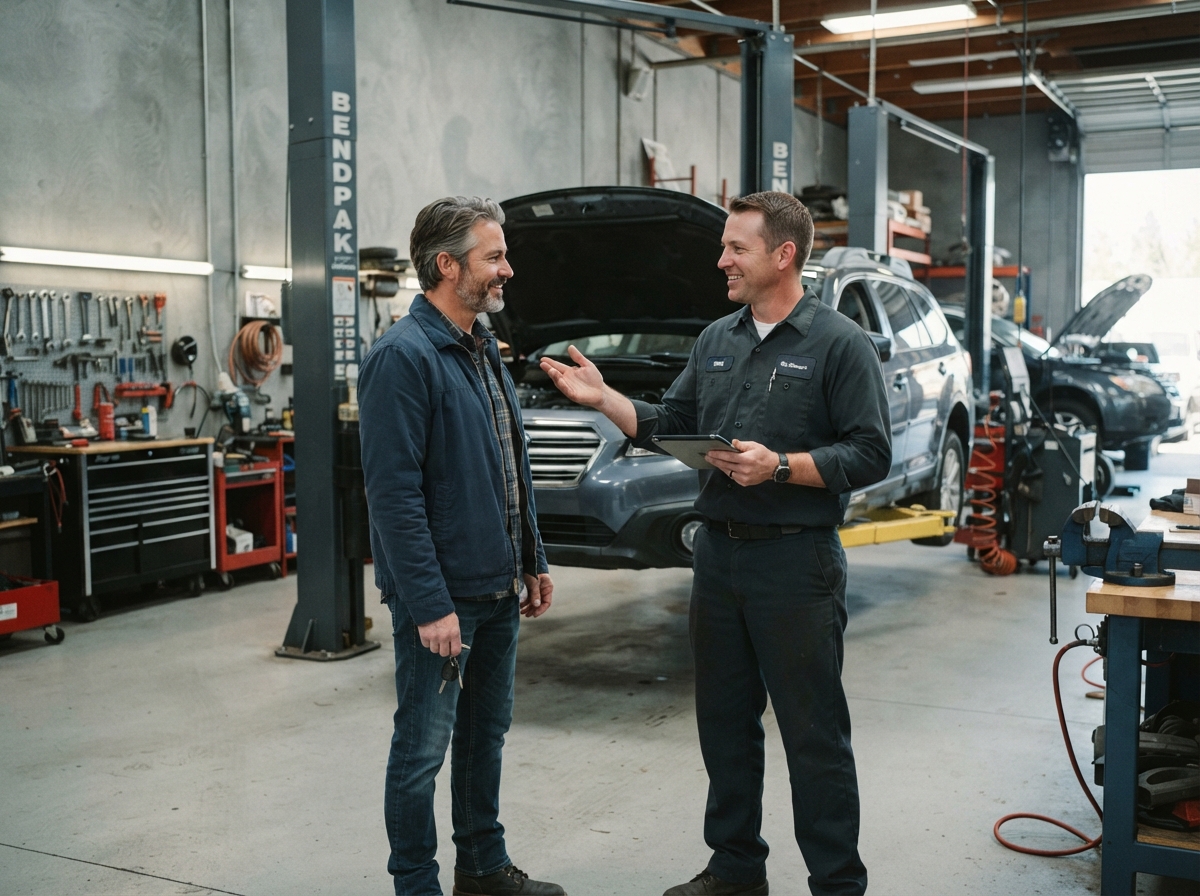 Rick Ferreira speaking with a customer in the Midway Driveline shop