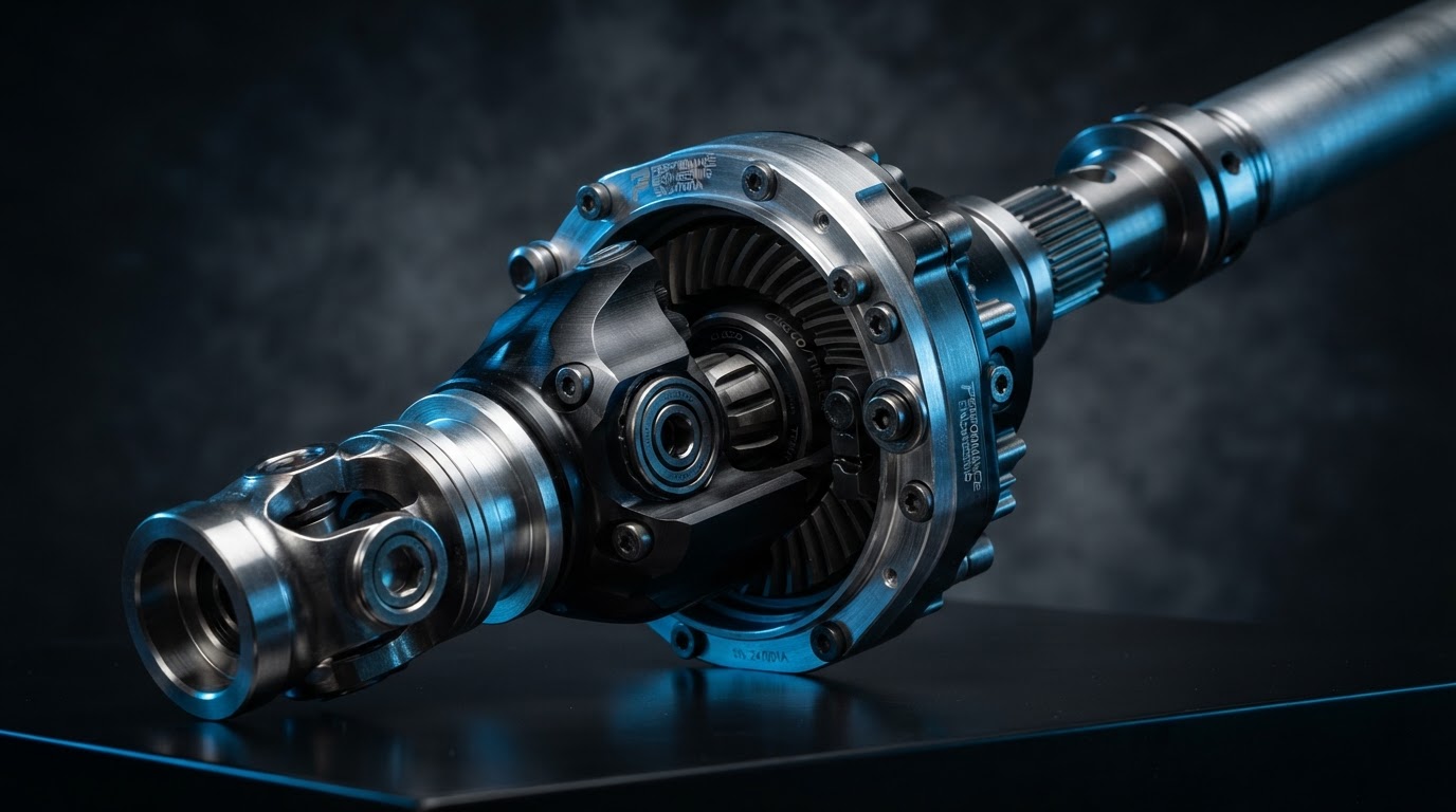Precision-machined driveshaft and differential assembly photographed as industrial art