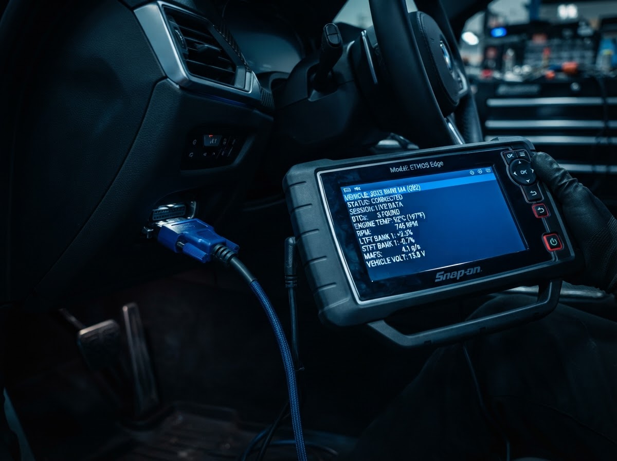 Professional automotive diagnostic equipment connected to vehicle OBD2 port