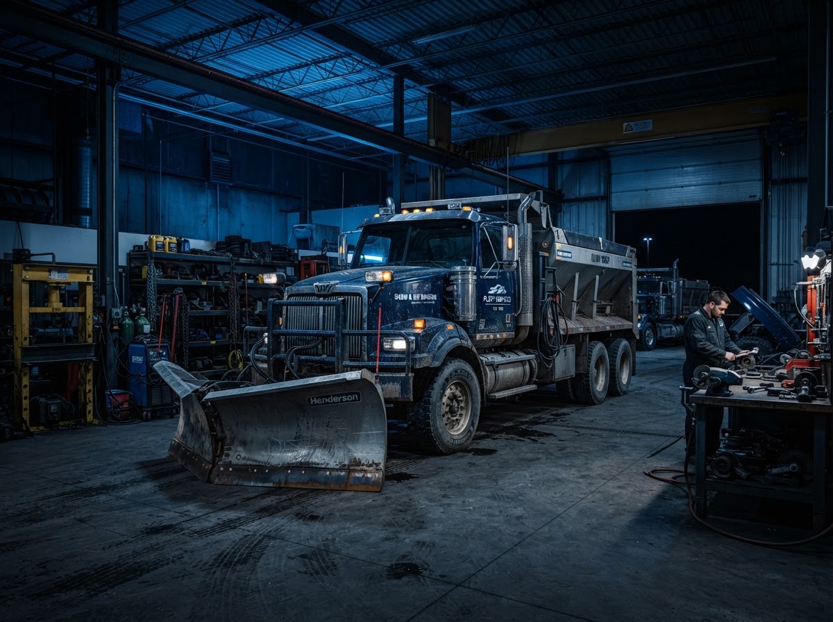 Heavy-duty commercial work truck in professional repair shop bay