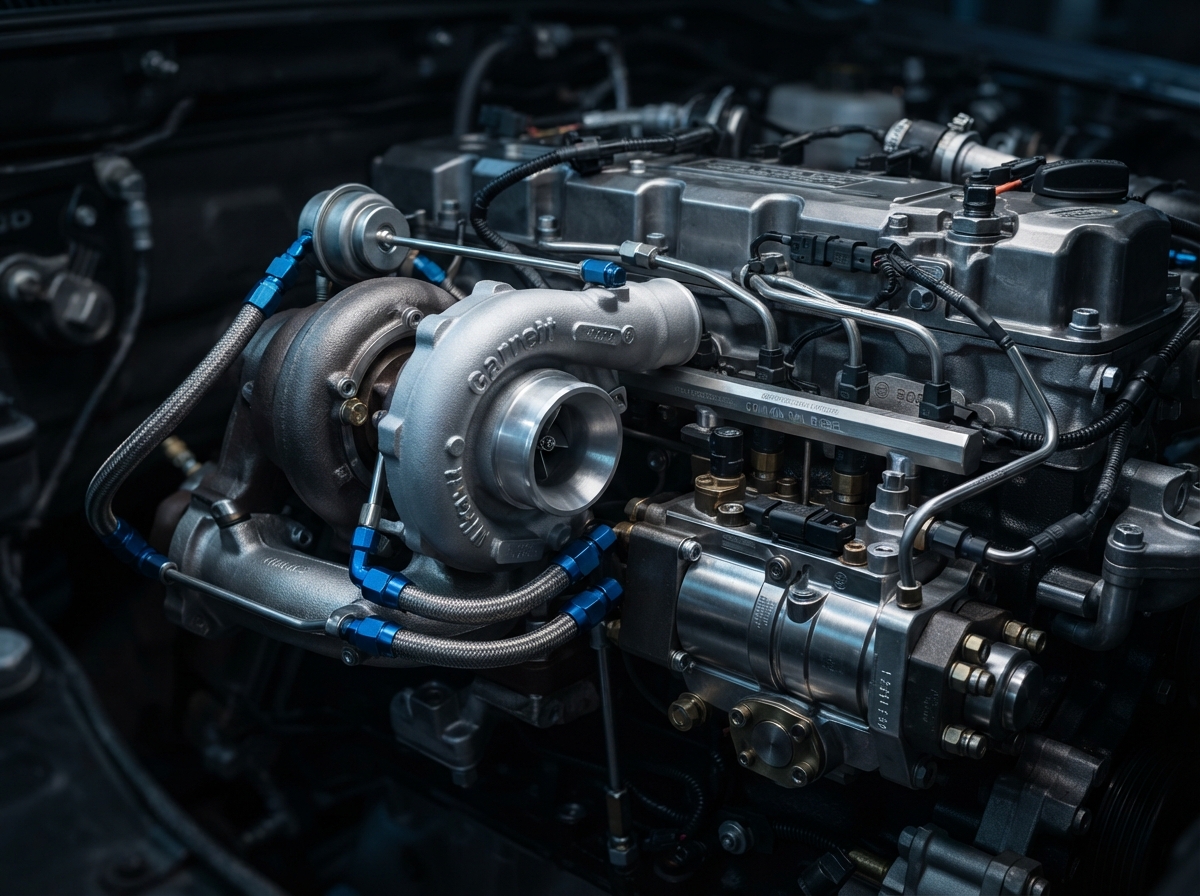Diesel engine bay with turbocharger and fuel injection components