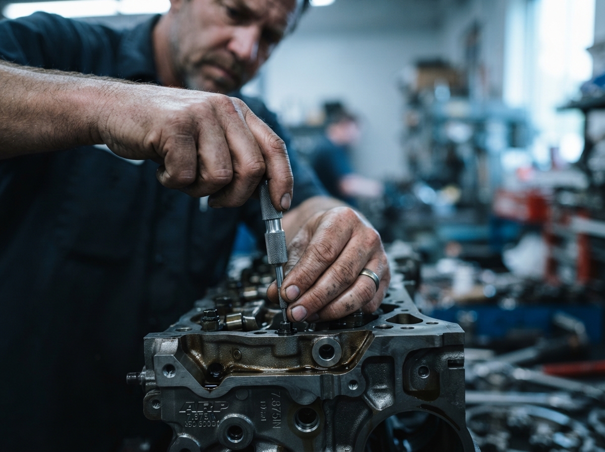 Close-up of Rick's hands using a precision tool on a machined steel engine component