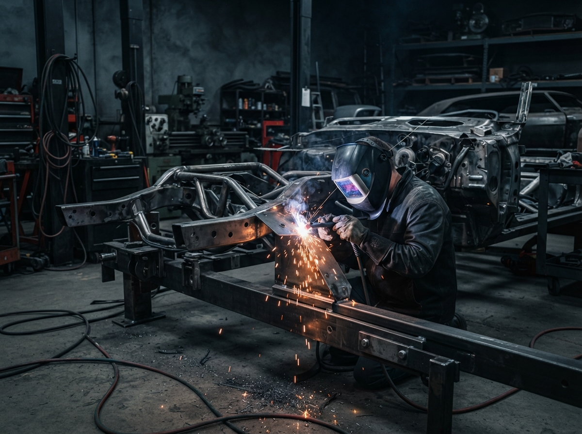 Automotive frame structural repair and precision metal fabrication on vehicle chassis