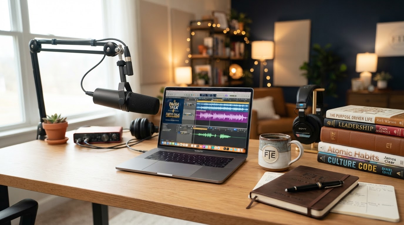 FTE Podcast Studio with Microphone, Laptop and Bible