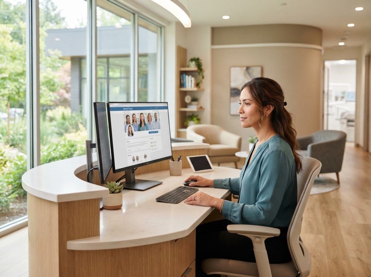 Dental office manager checking the practice's recent online reviews