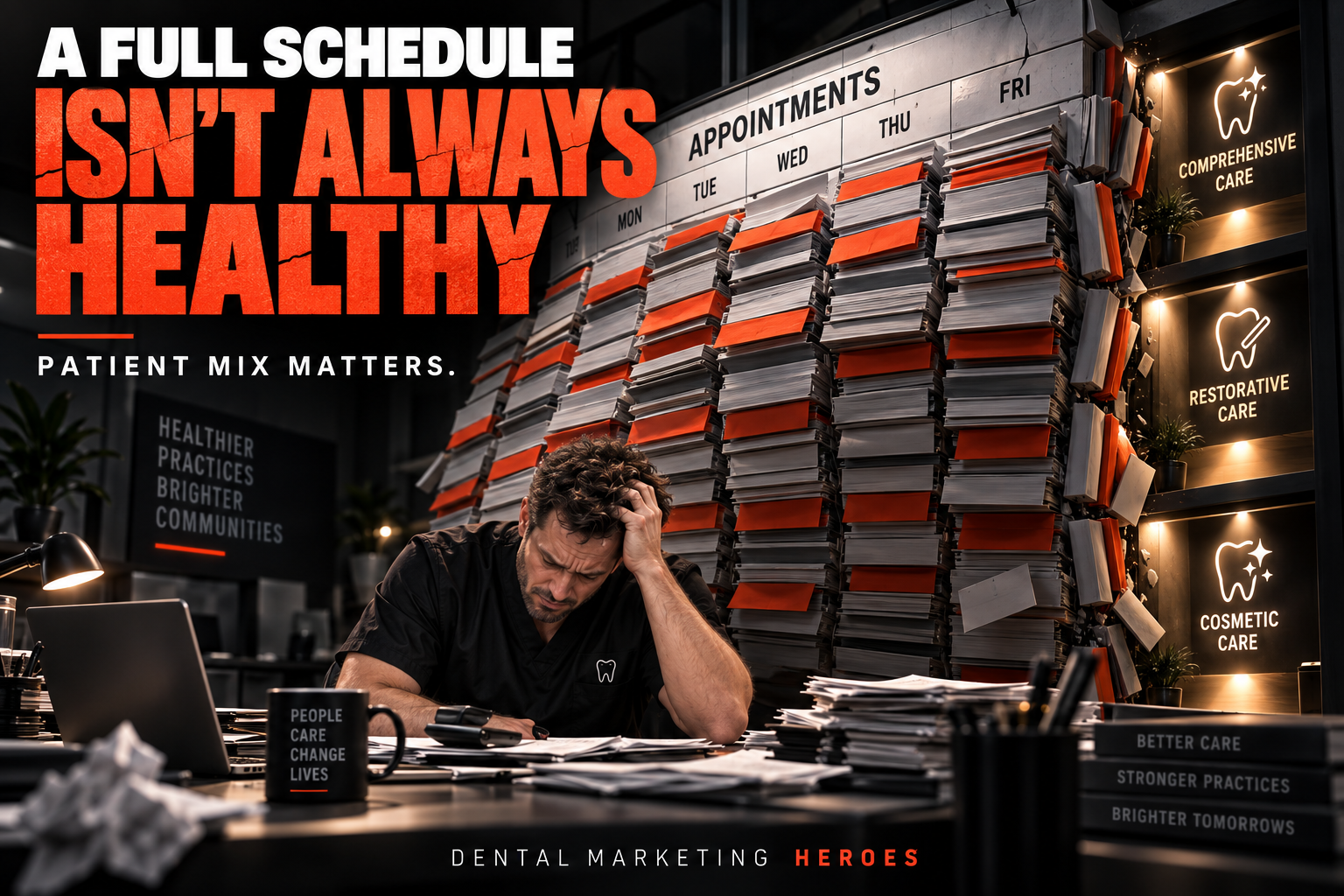 Dentist overwhelmed by a packed CDCP appointment schedule showing that a full calendar does not guarantee a healthy or profitable practice