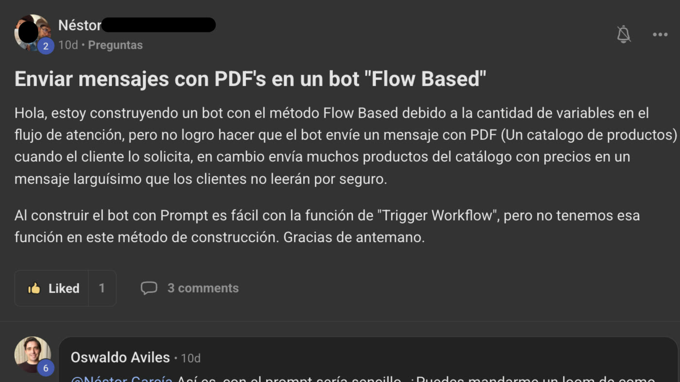Pregunta publicada en la comunidad: Problemas para enviar PDF’s con Agentes de IA