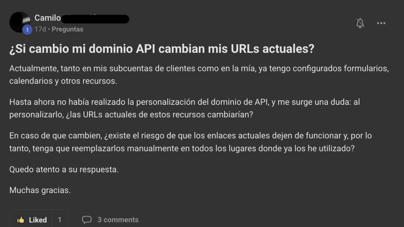Pregunta publicada en la comunidad: Impacto al cambiar de dominio de API en las URLs ya existentes (calendarios, etc)