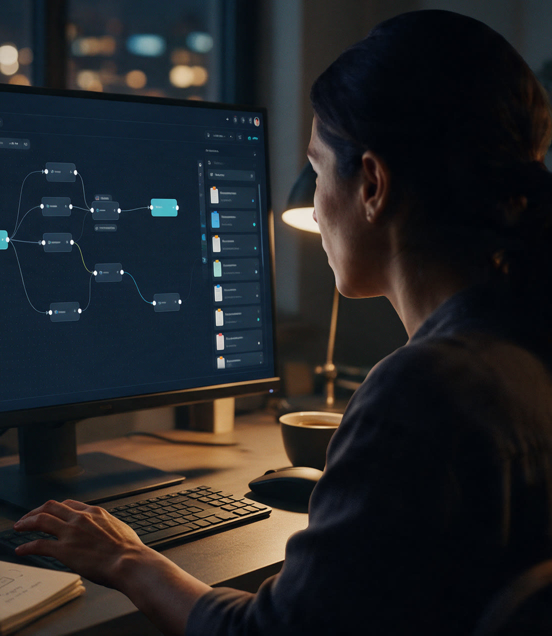 Una emprendedora, de noche en su oficina, arma en su computadora el workflow de su primer sistema