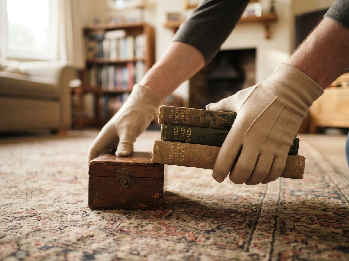 Gloved hands sorting household contents
