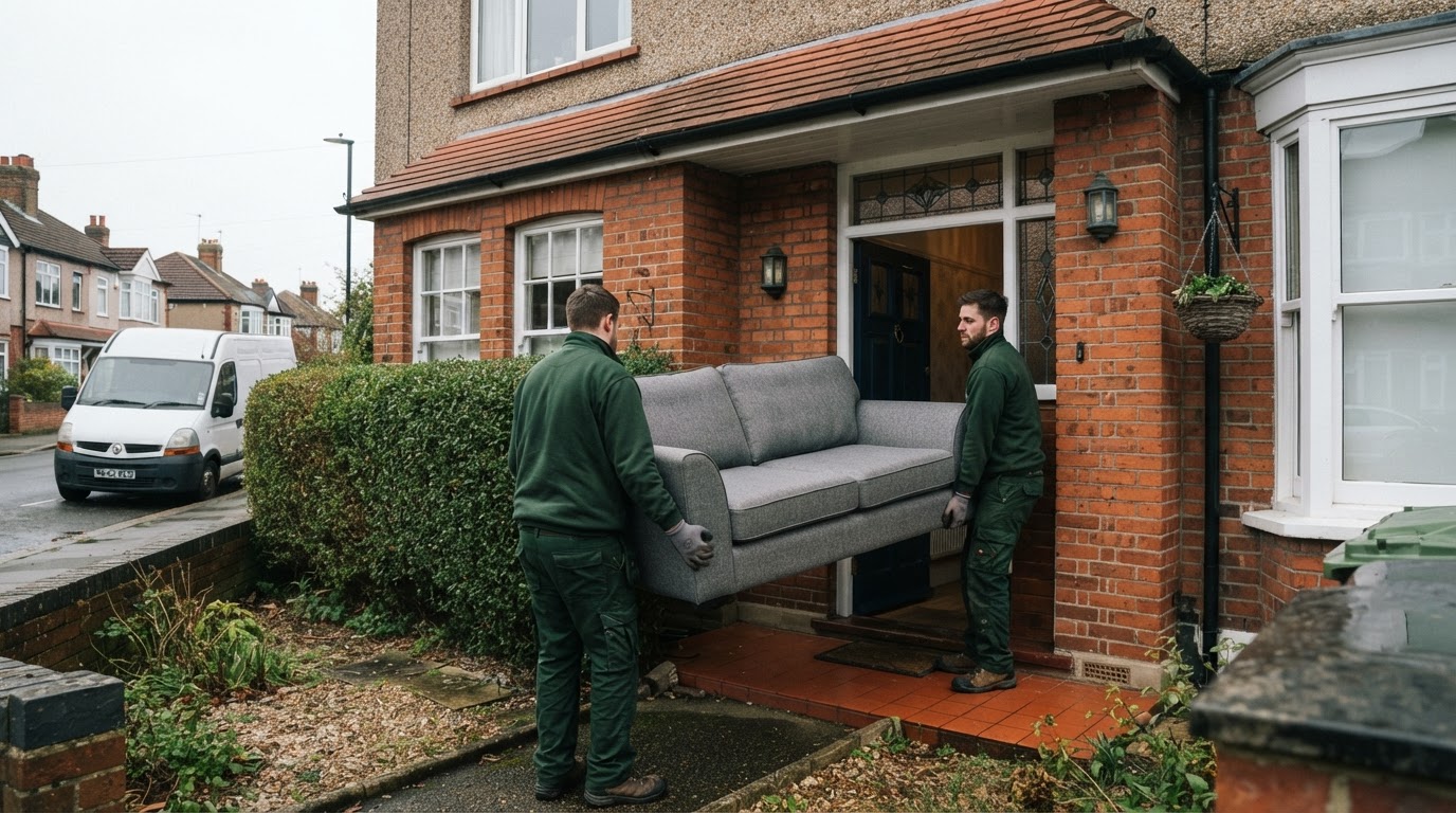 Clearance team carefully moving a sofa through a Tamworth property doorway