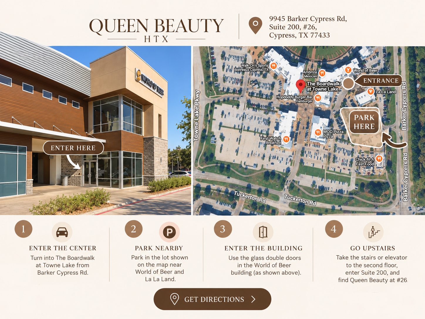 Boardwalk at Towne Lake entrance, parking and suite directions for Queen Beauty HTX