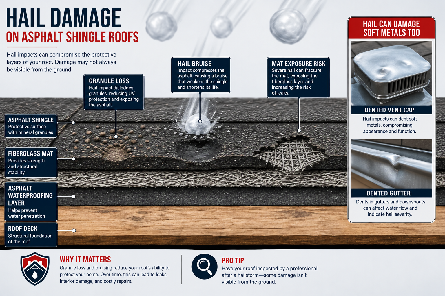 Diagram explaining hail damage on asphalt shingle roofs: granule loss, hail bruise, mat exposure risk, dented vents and gutters