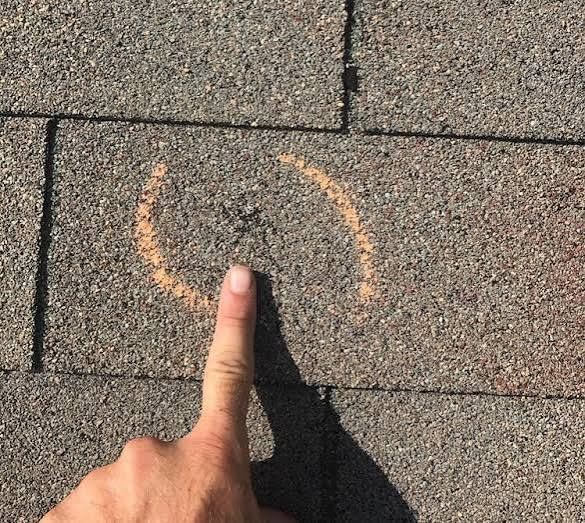 Chalk-marked hail impact bruise and shingle indentation documented during a roof inspection in Rockwall TX