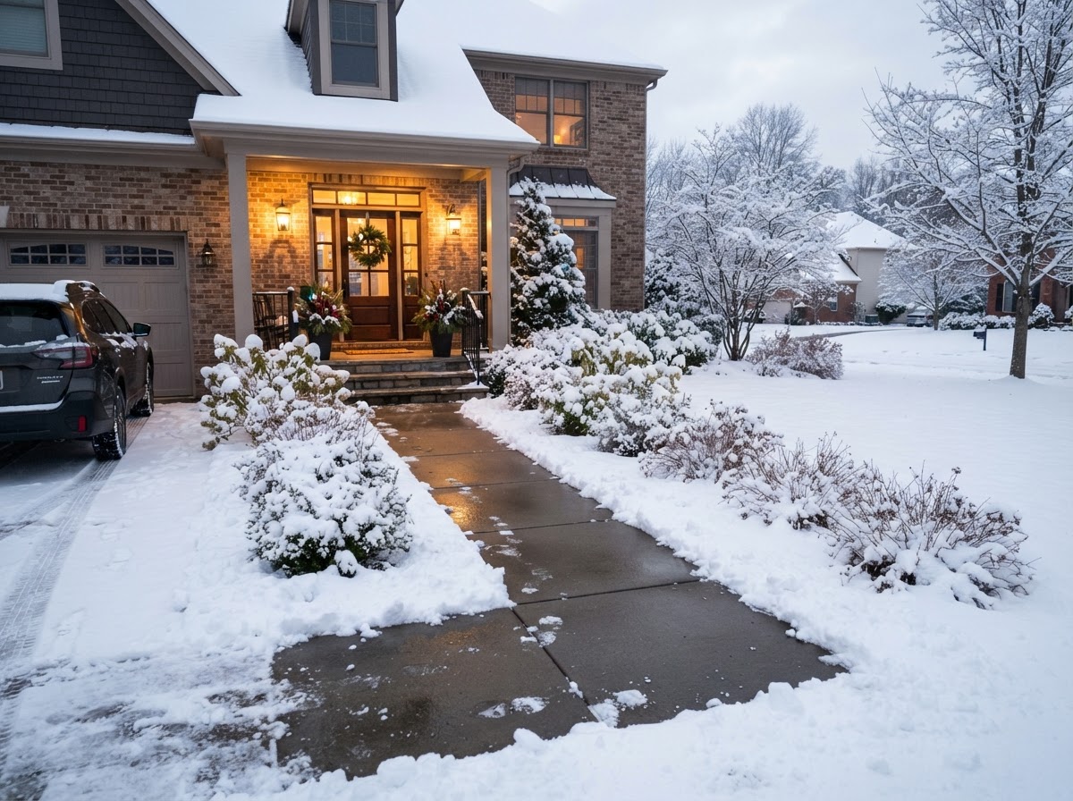 Residential walkway cleared of snow leading to a warm-lit home entrance