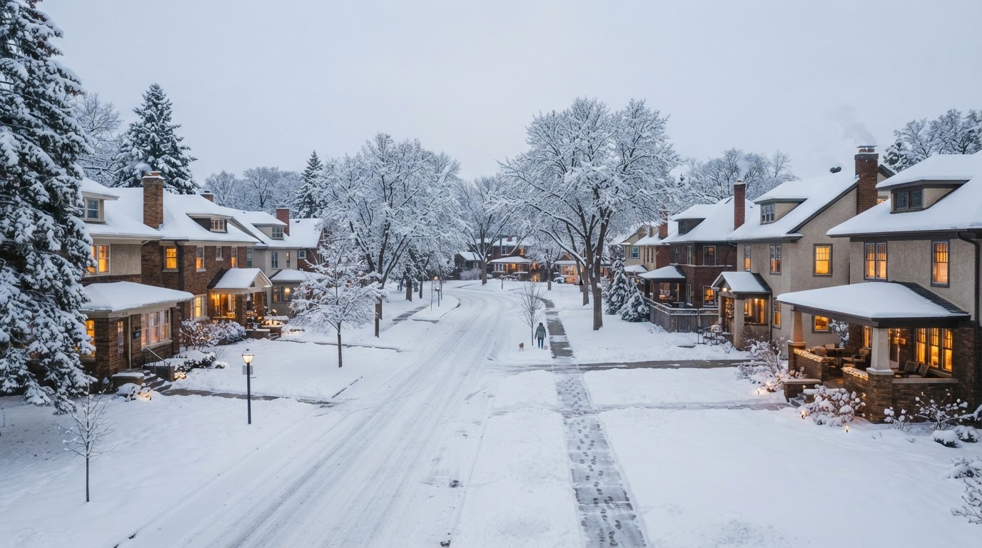 Snow-covered Twin Cities style residential neighborhood in winter with warm home lighting