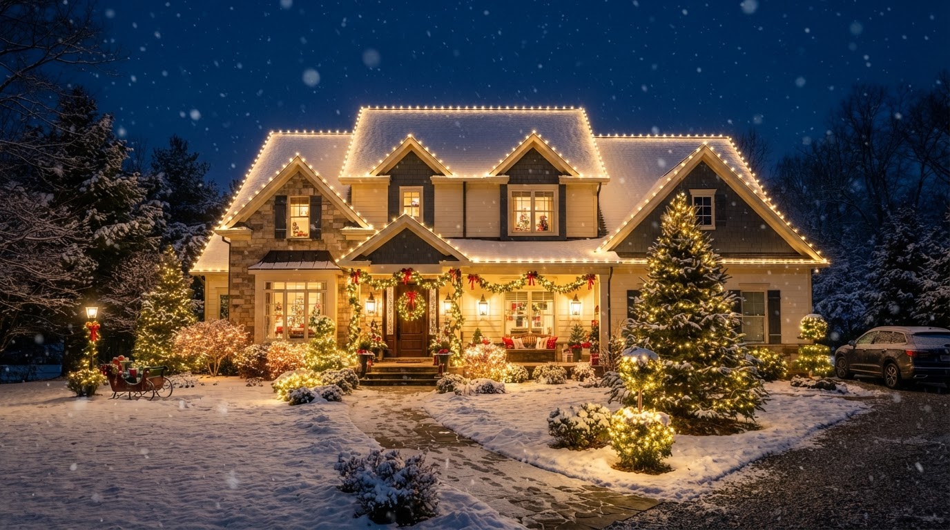 full front-home residential Christmas light installation — roofline, trees, bushes, wreath, and garland glowing on a snowy winter night