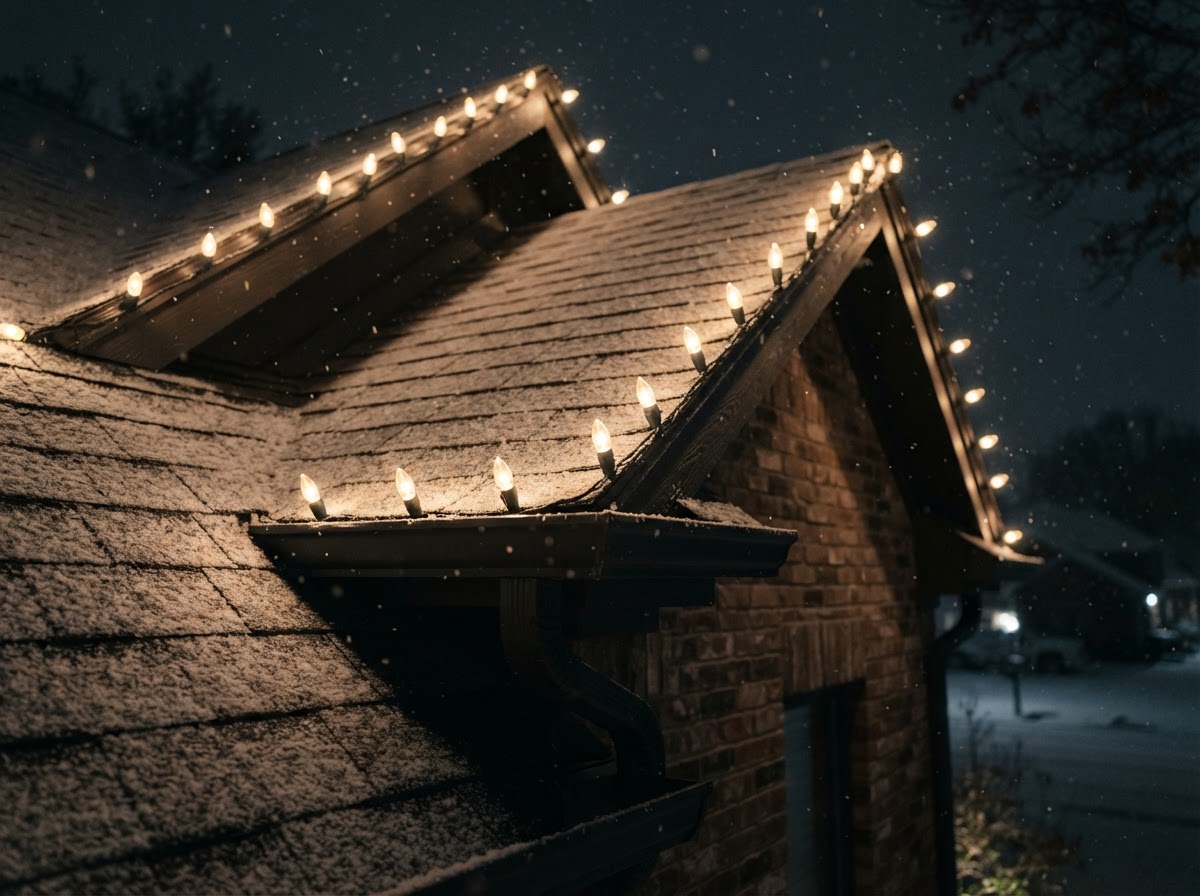 residential holiday light installation — warm white Christmas lights on a residential roofline at night with gentle snow