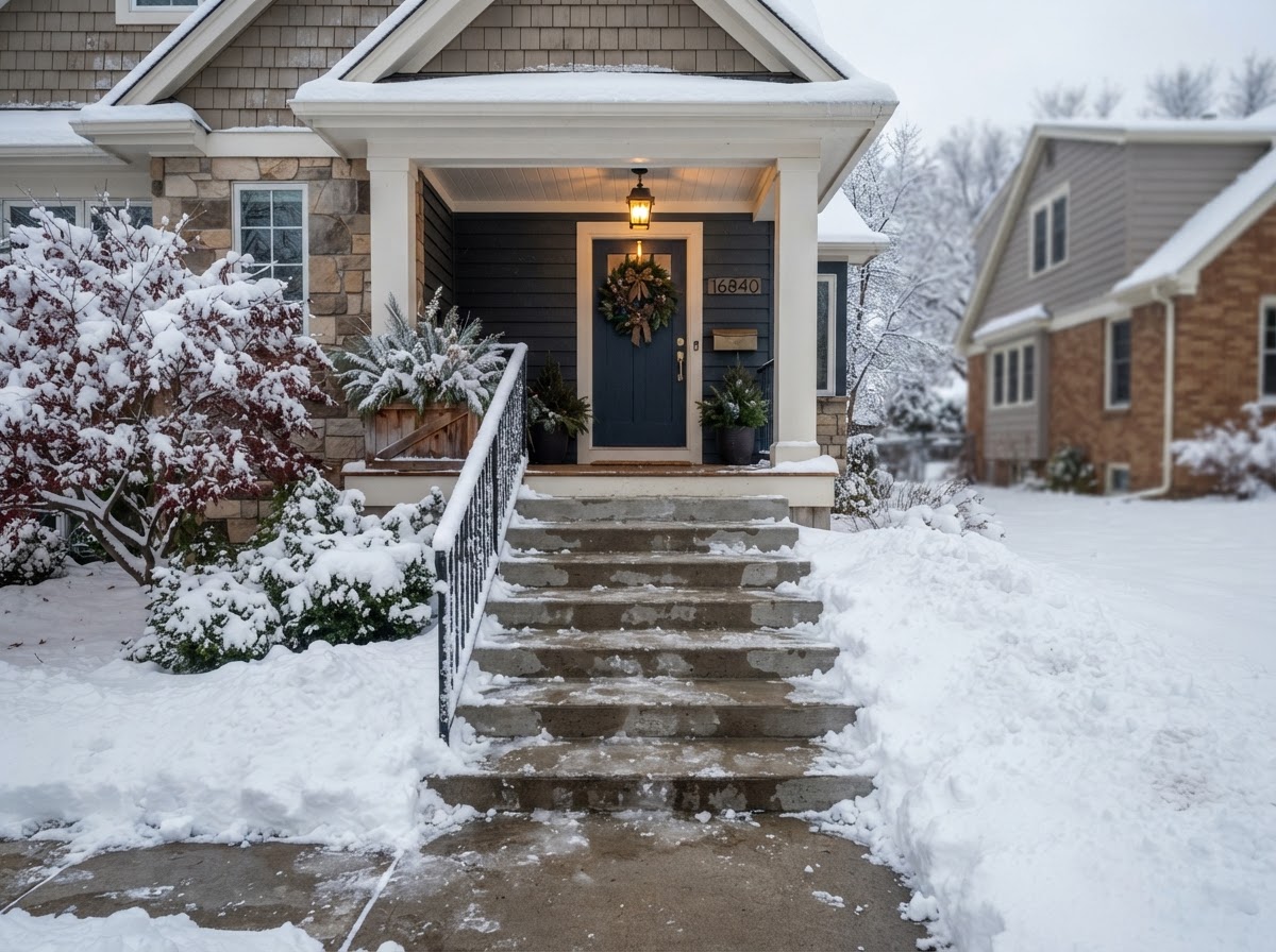 Residential front steps and porch entrance cleared after winter snowfall