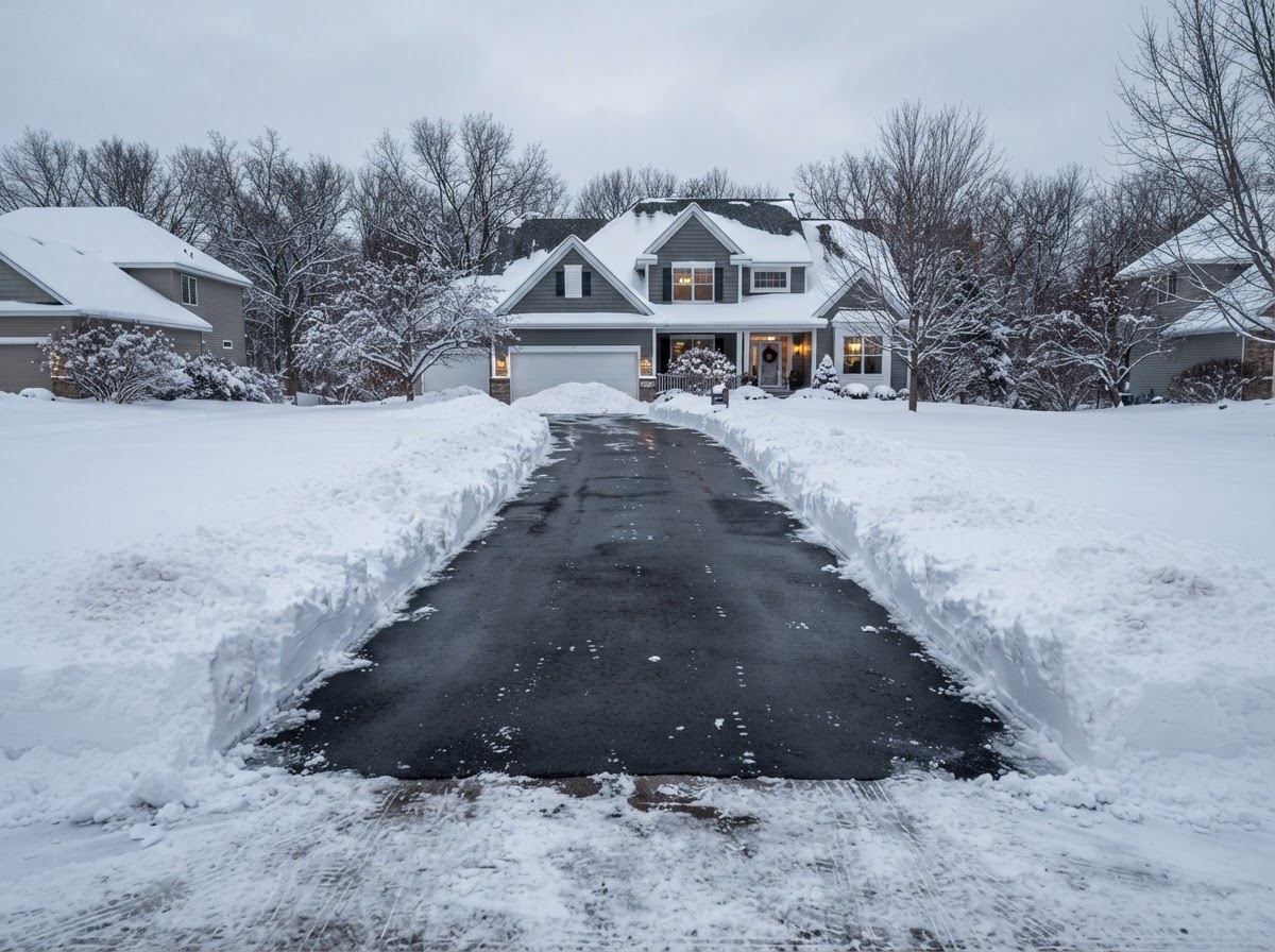 Cleared residential driveway with snow piled along the edges after a Minnesota snowfall