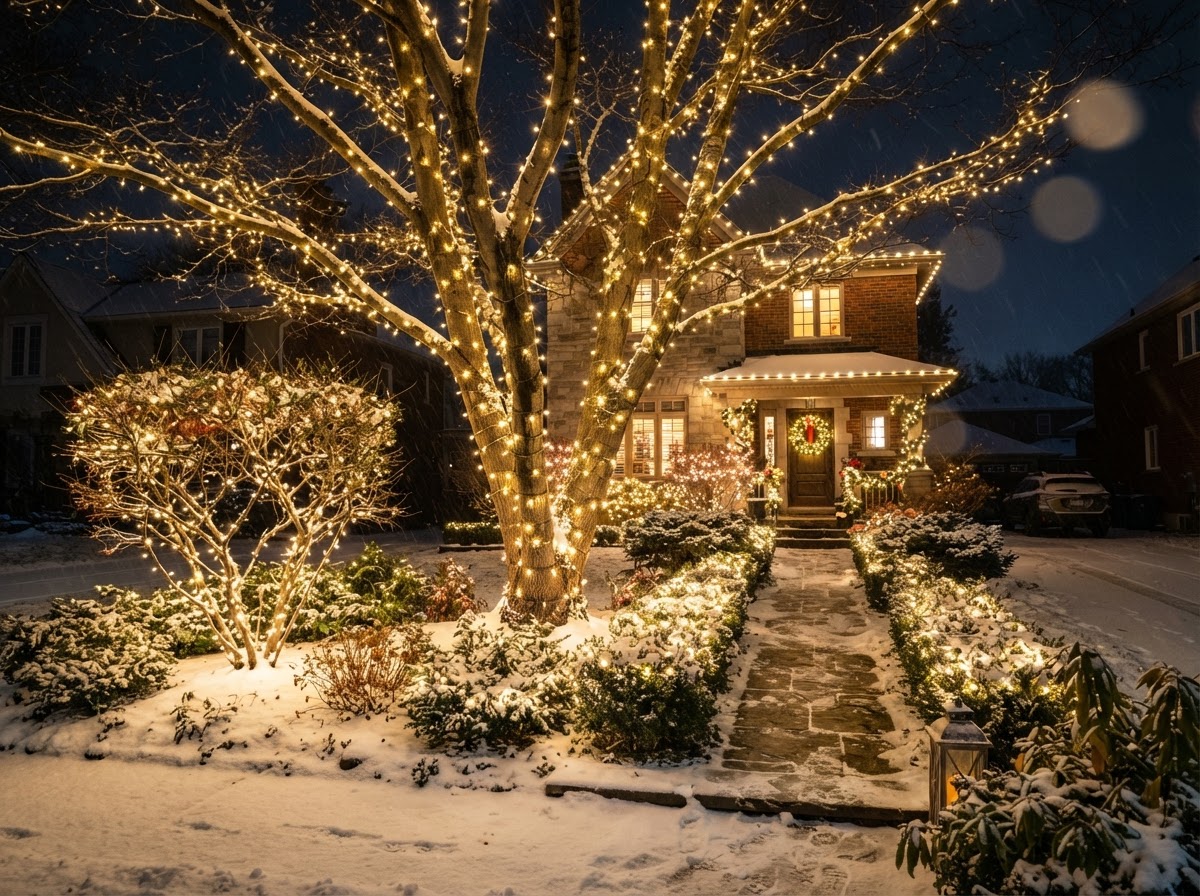 holiday lights on trees and bushes — front yard trees and bushes wrapped in warm white Christmas string lights at night
