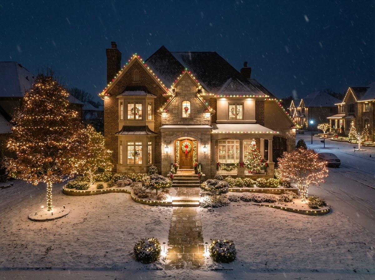Home with multi-color holiday lighting across the roofline, trees and landscaping