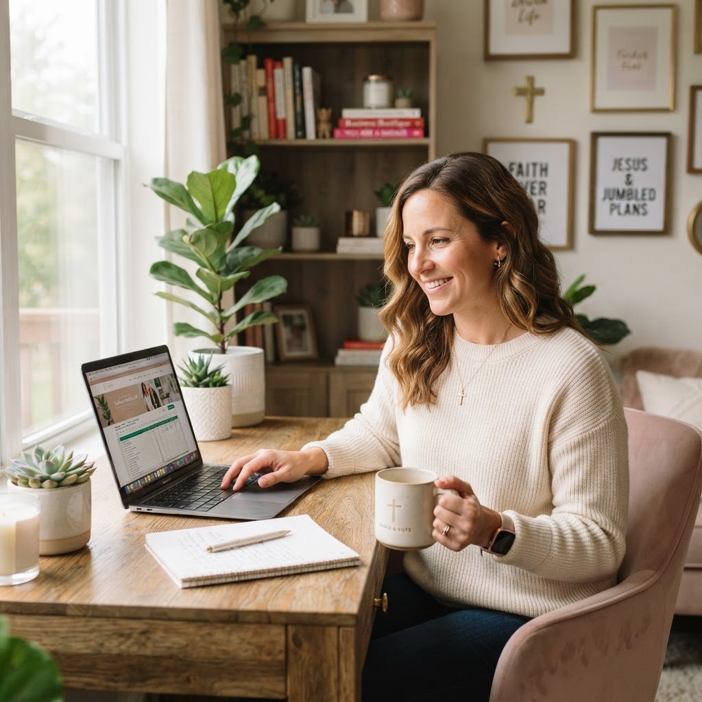 Christian woman entrepreneur at her desk, frustrated by her phone
