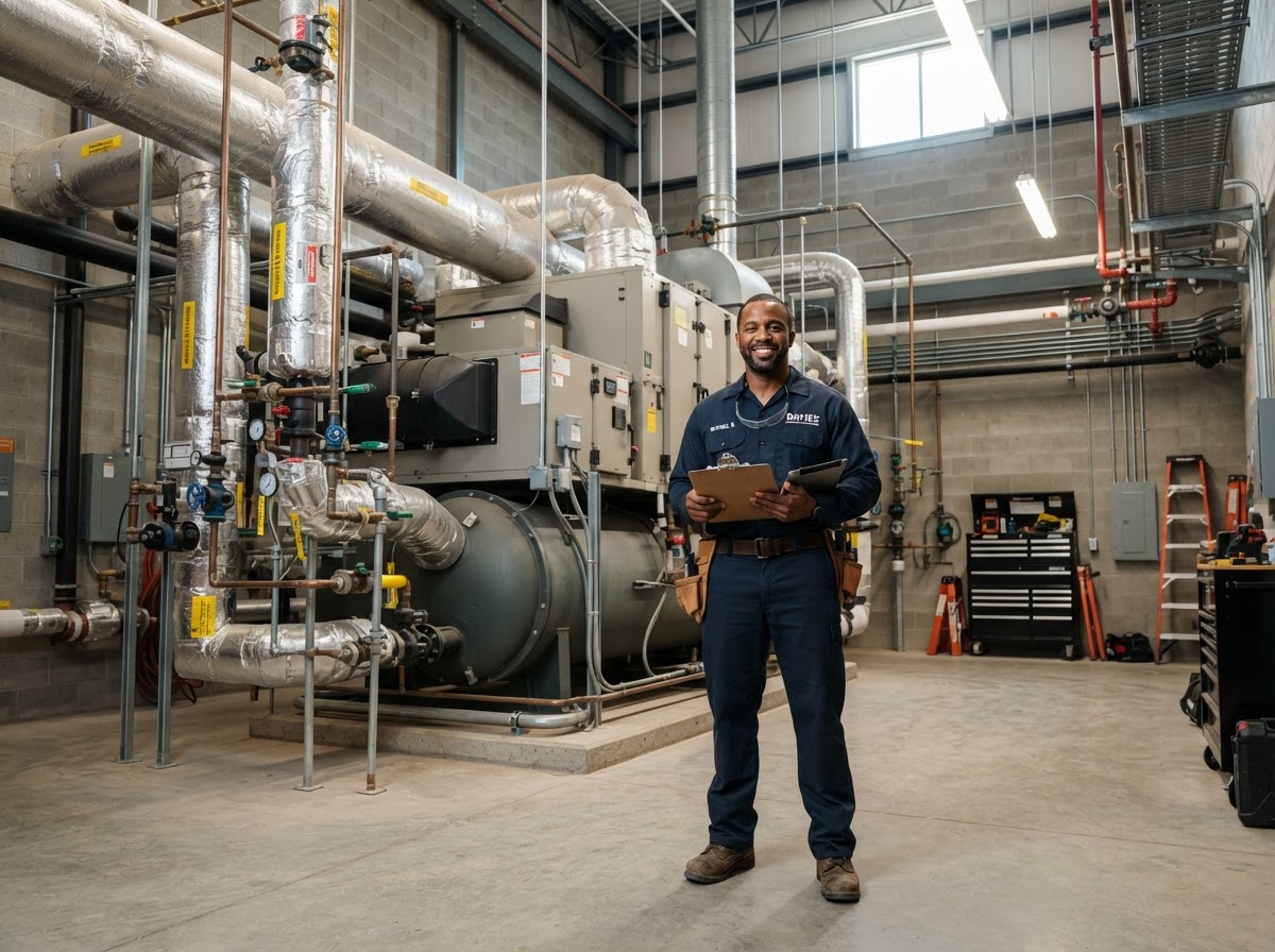 Black male HVAC and home services business owner in a navy work uniform standing in a spacious mechanical room