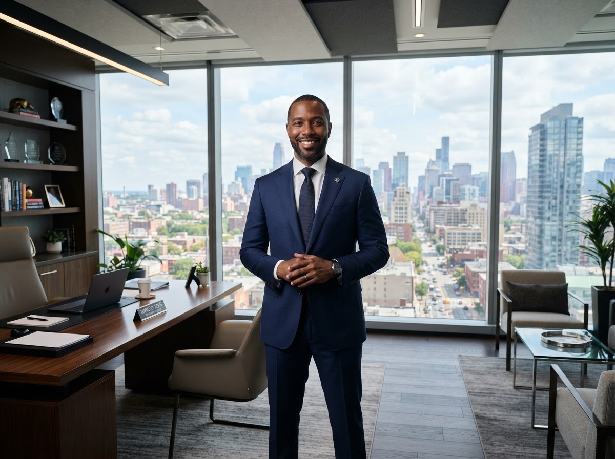 Black male executive business coach in a navy suit in a modern executive office